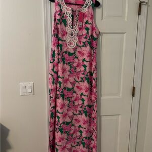 Nwt Lilly Pulitzer Pink and Green Floral Maxi Dress with pearl embellishment